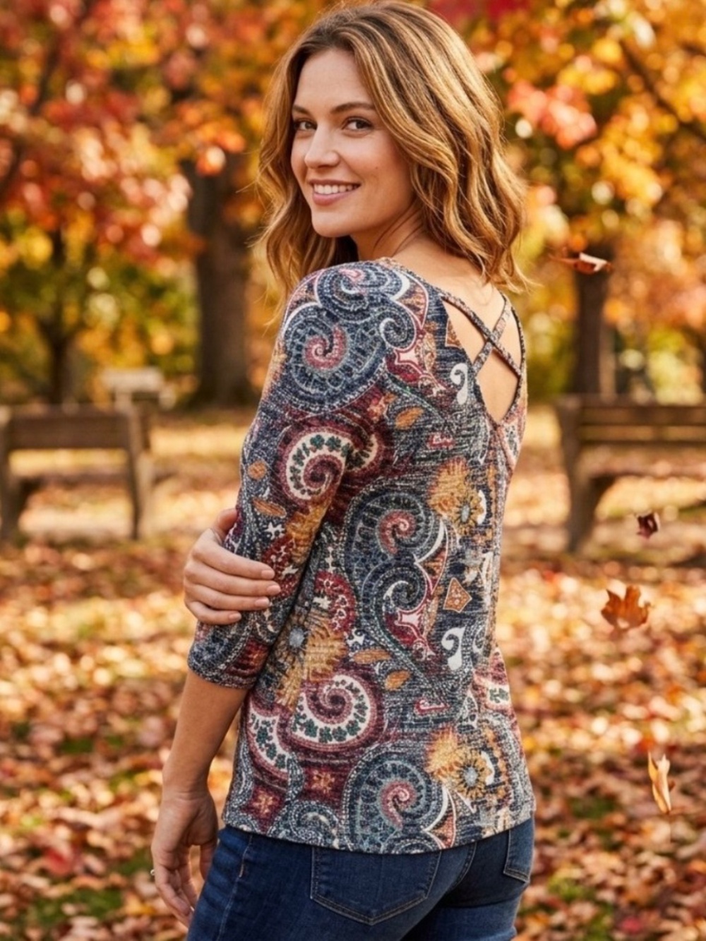 Kate Park Sz PXL Paisley Multicolor Cross Back Tunic Sweater Top Retro Boho